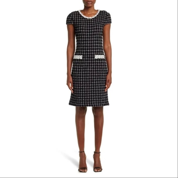 ST. JOHN | Black Cap Sleeve Dress Windowpane Tweed Cap - Picture 1 of 7
